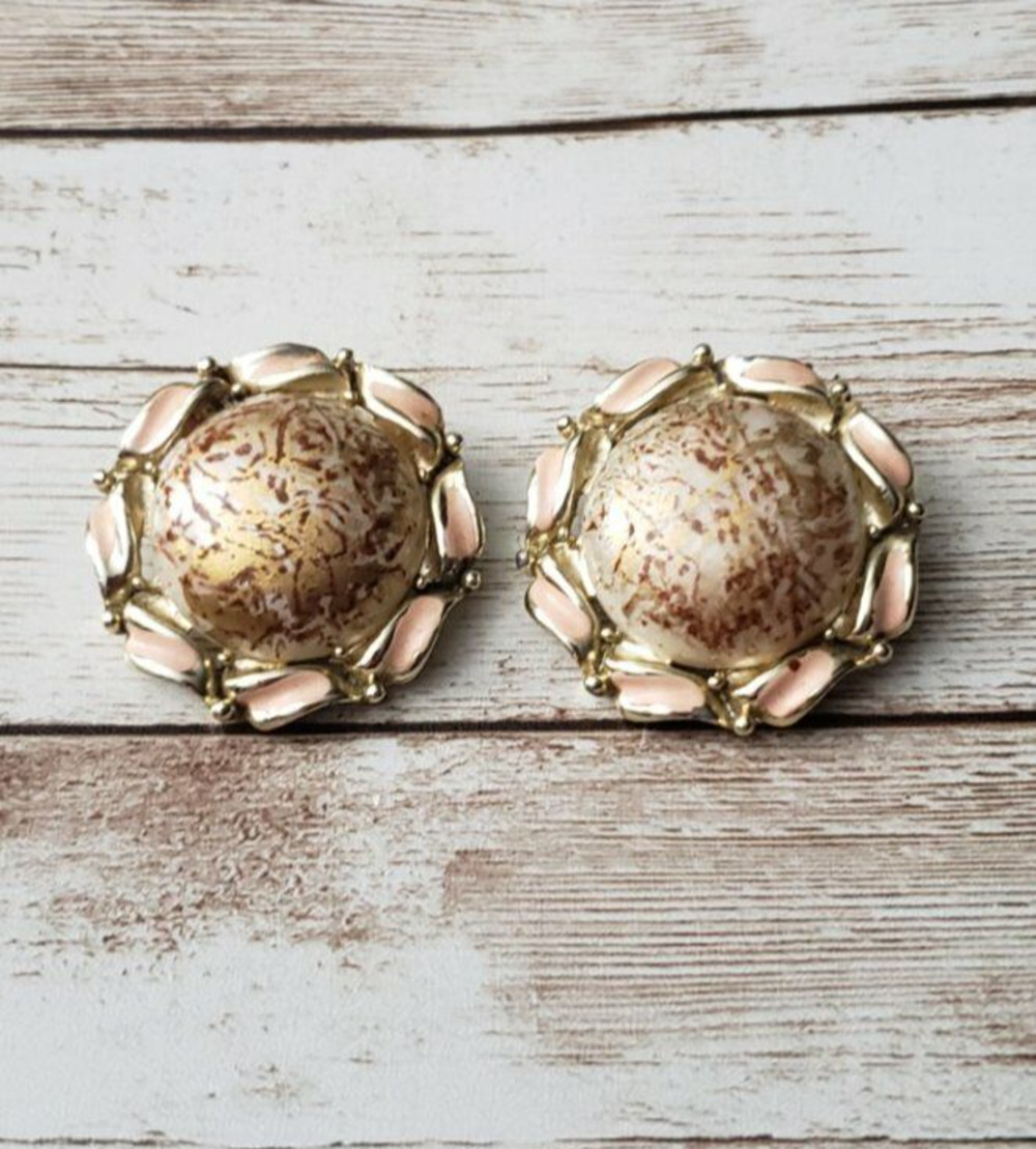 Vintage Clip On Earrings Gold Tone with Brown and Unusual Halo